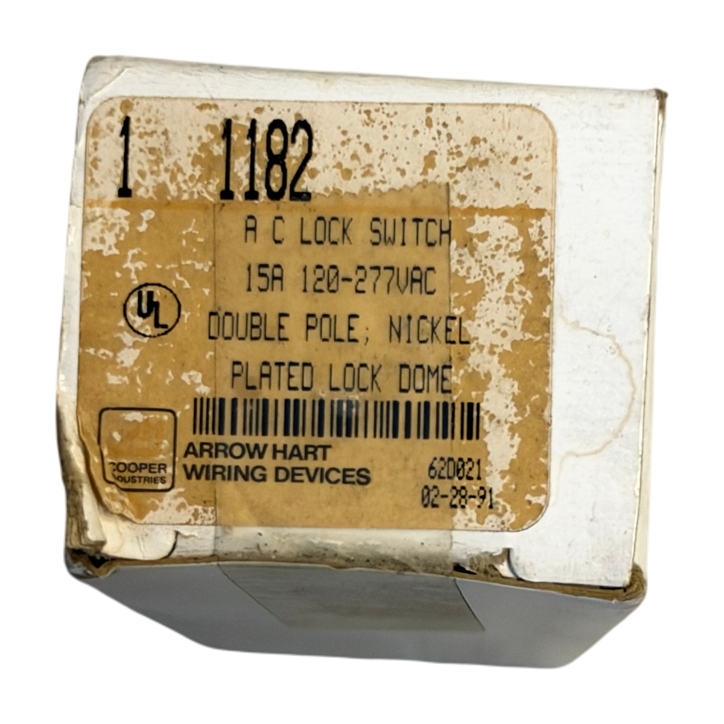 Arrow Hart 1182 AC Lock Switch 15A 120-277V Double Pole Nickel Plated Lock Dome
